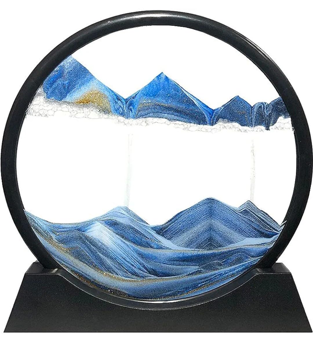 7" inch Moving Sand Art Picture Decor, 3D Deep Sea Sandscape Liquid Motion, Round Glass Frame Display Flowing Sand Relaxing Gift for Kids Adults Home Office Work Desktop (Blue)