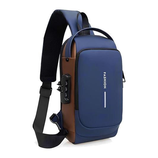 Sling Bag for Men Stylish Crossbody Backpack for Men & Women, Anti-Theft Chest Bag with USB Charging Port, Messenger Bags, Casual Shoulder Bag (Blue Brown - 17 x 9 x 32 Cm)