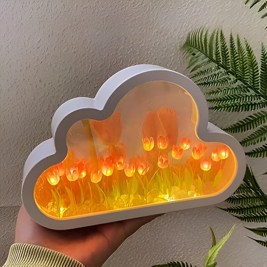 Romantic Cloud Mirror Flower Tulip Mirror Lamp – Acrylic Decorative Mirror with Tulip & Leaves – Kids Room, Nursery, & Home Art – Desk Lamp Night Lamp (DIY)